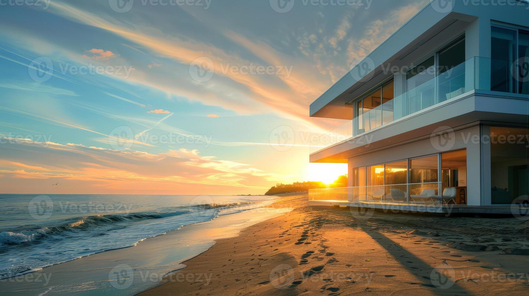 Glistening waves lap at the shore as the sun sets behind a sleek, modern home photo
