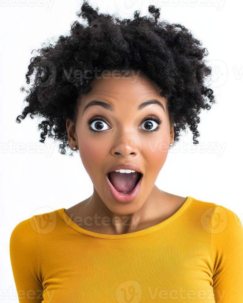 A cheerful young woman shows surprise and happiness in a bright indoor setting photo