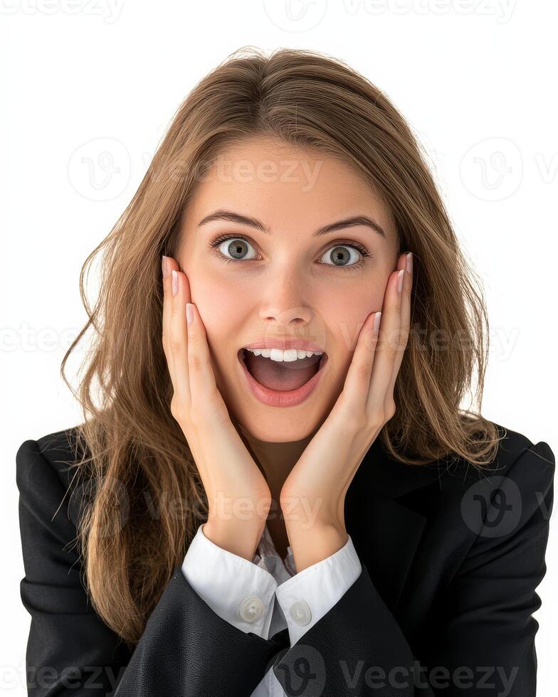 A woman shows excitement with wide eyes and a bright smile photo
