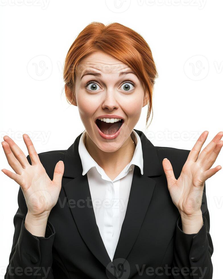 A cheerful woman in a suit celebrates an exciting moment with enthusiasm photo
