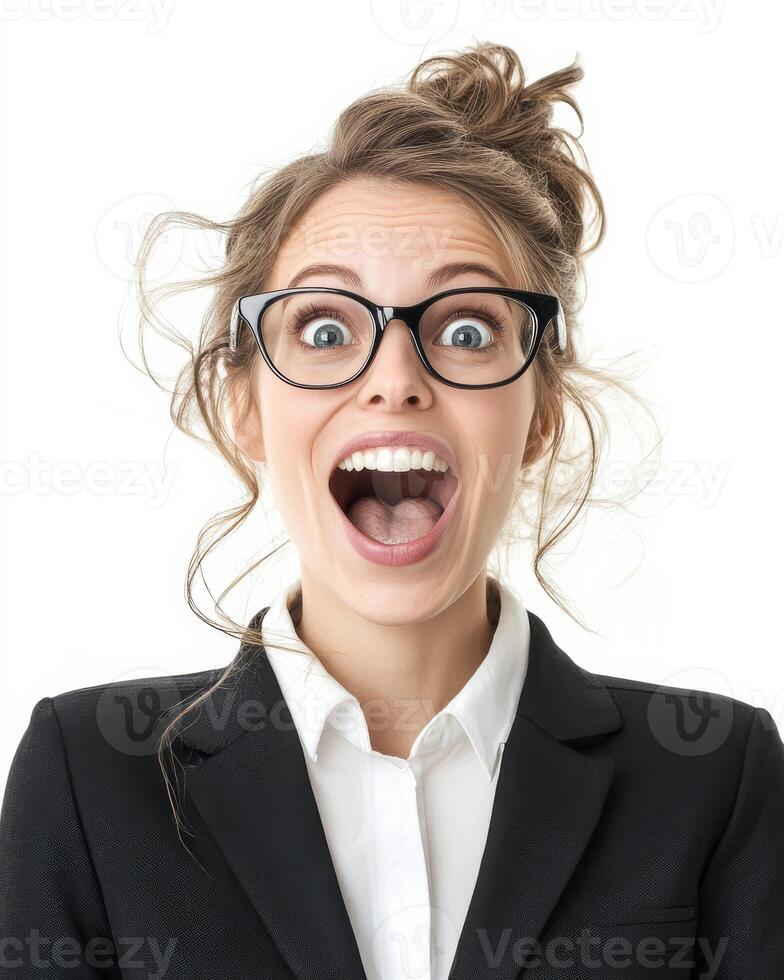 A delighted woman beams joyfully, her enthusiasm lighting up the room photo