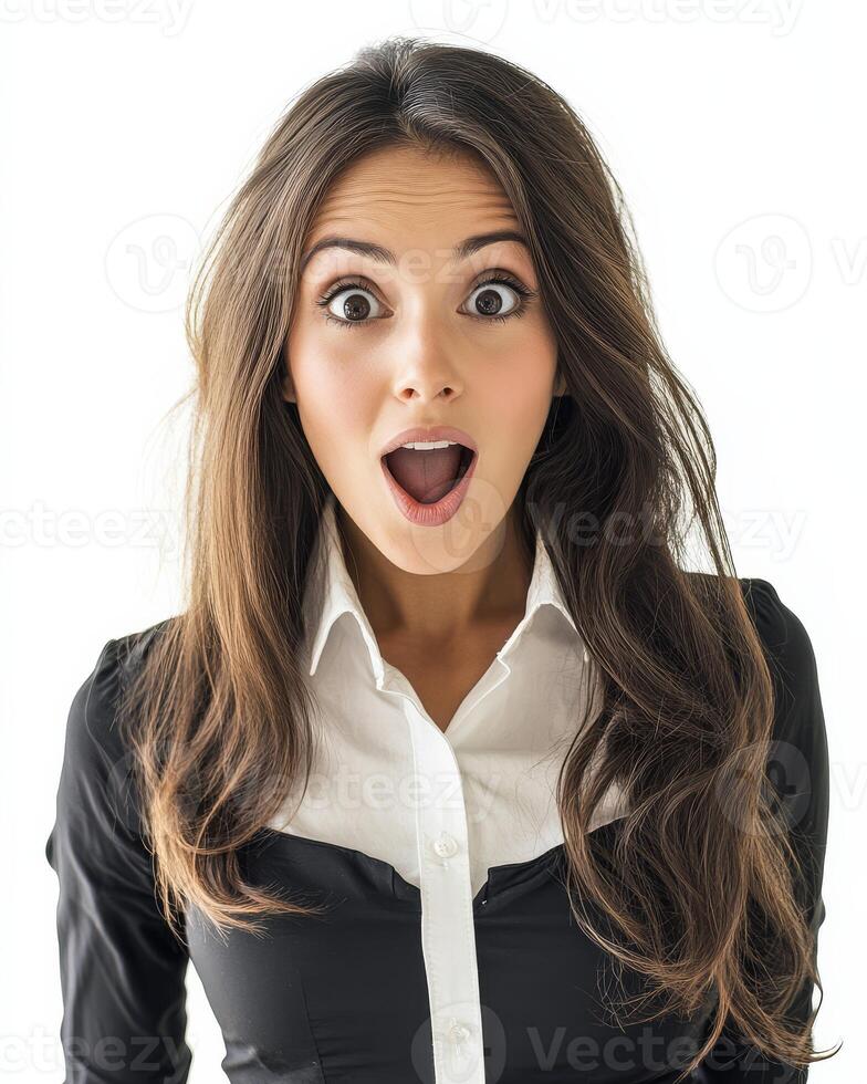 A woman with long hair shows her joyful surprise with wide eyes photo