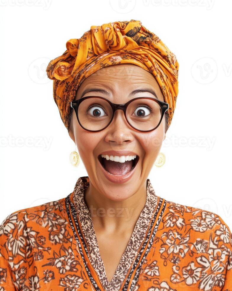Her bright smile and colorful attire radiate happiness and energy photo