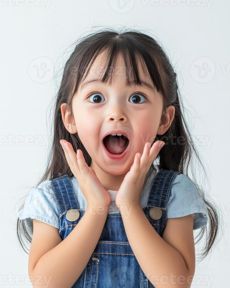 A delighted girl with open eyes and a bright smile shows her excitement photo
