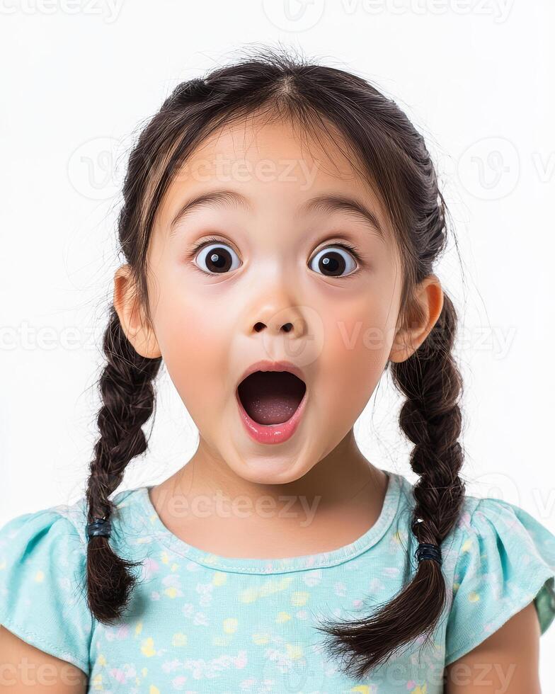 A young girl shows excitement with a joyful expression on her face photo