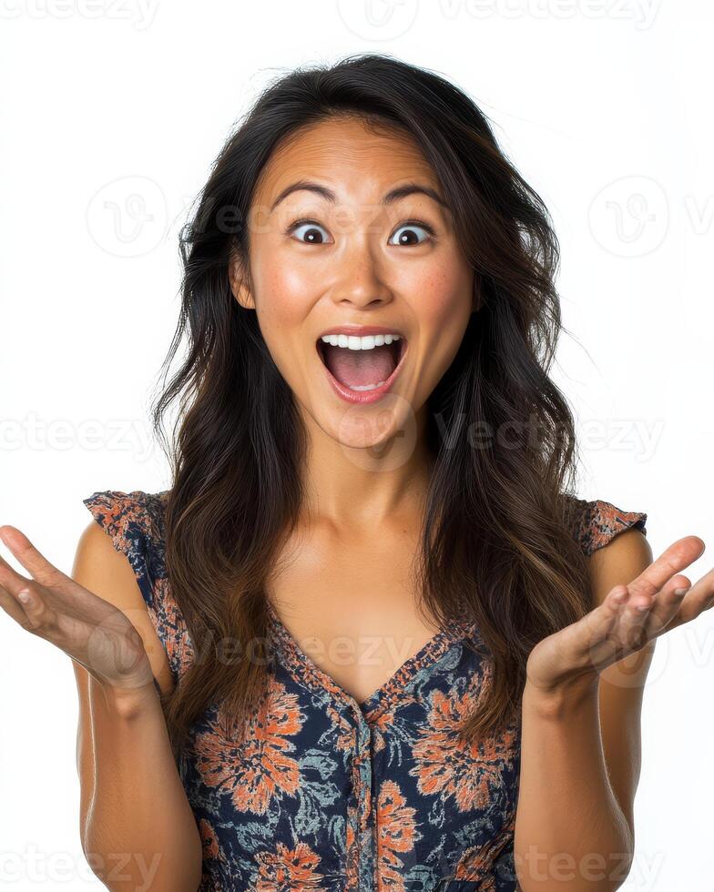 A woman beams with joy, her hands raised in surprise and delight photo