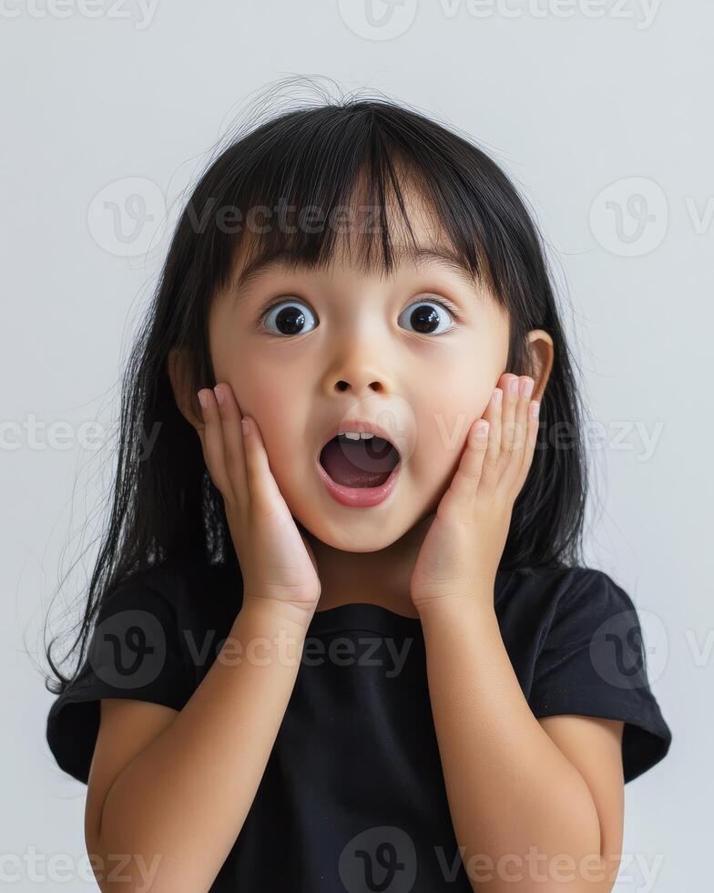 A joyful child shows surprise with a wide-eyed expression and hands on cheeks photo