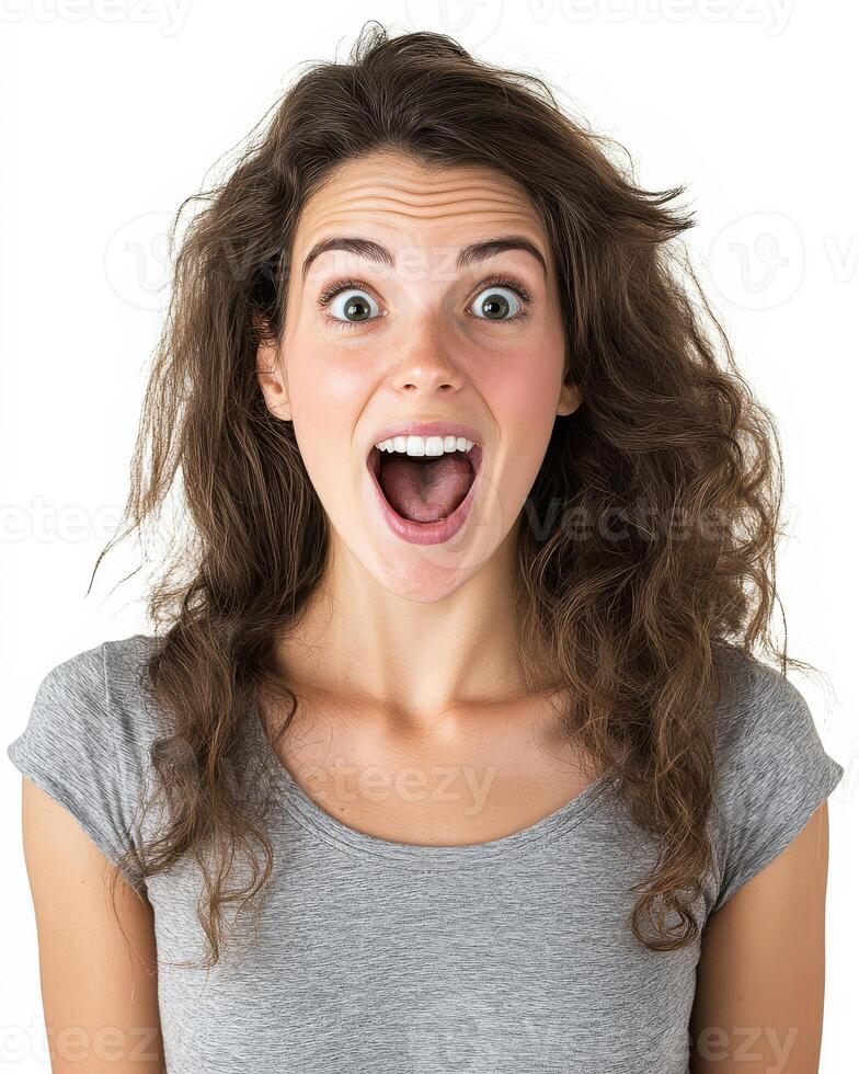 A woman with curly hair is joyfully shouting in excitement photo