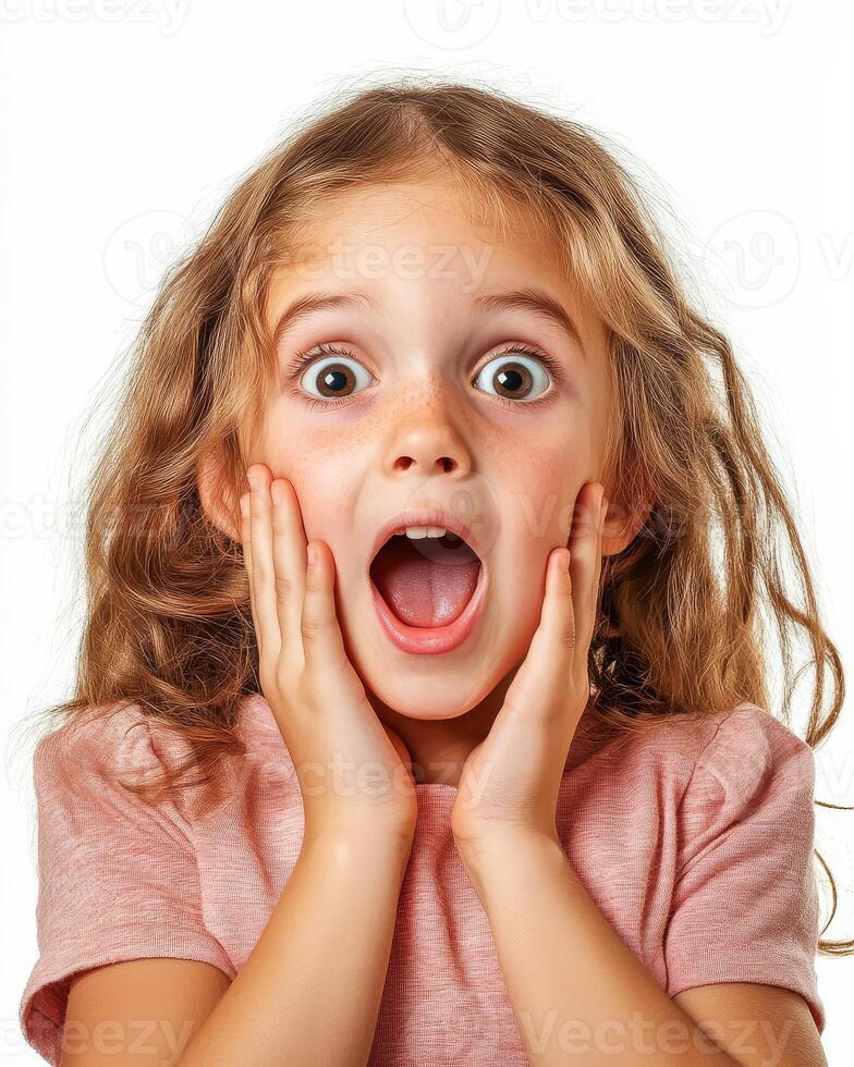 A young girl astonished by a delightful surprise at home photo