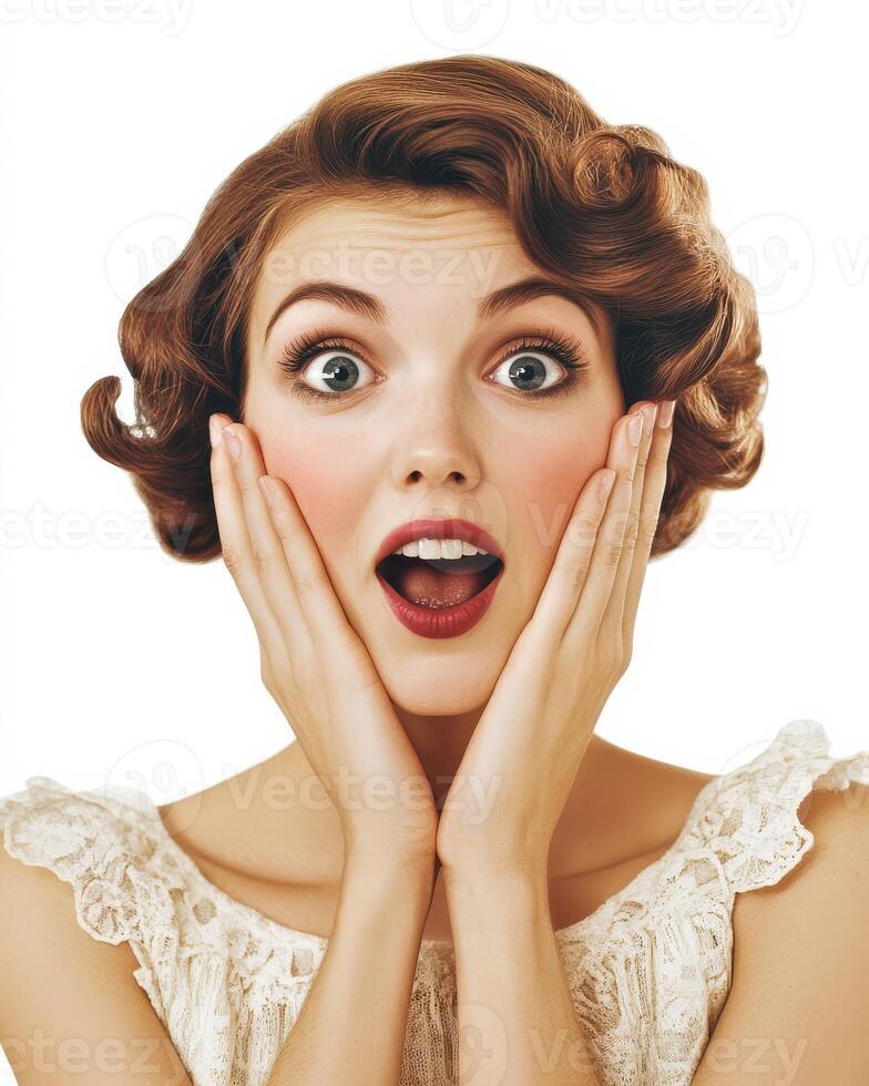 A young woman with vintage curls shows pure excitement and delight photo