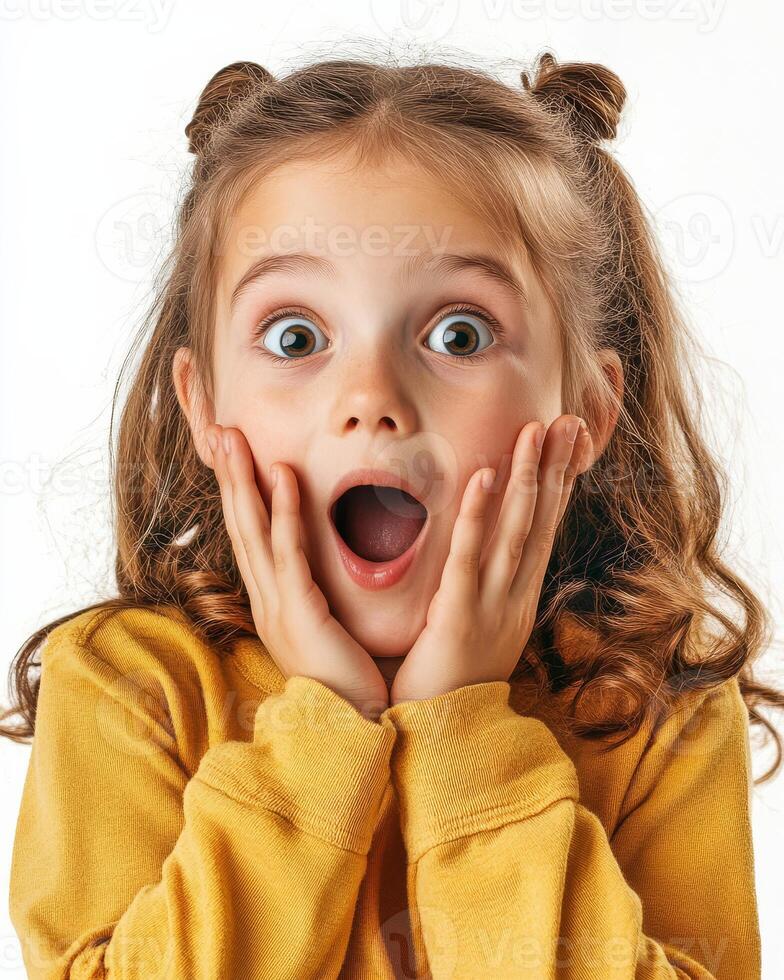 Young girl with curly hair shows delight and astonishment in bright light photo