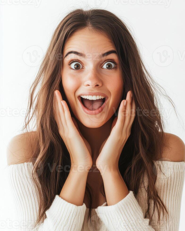 A young woman showcases her excitement with a beaming smile and wide eyes photo
