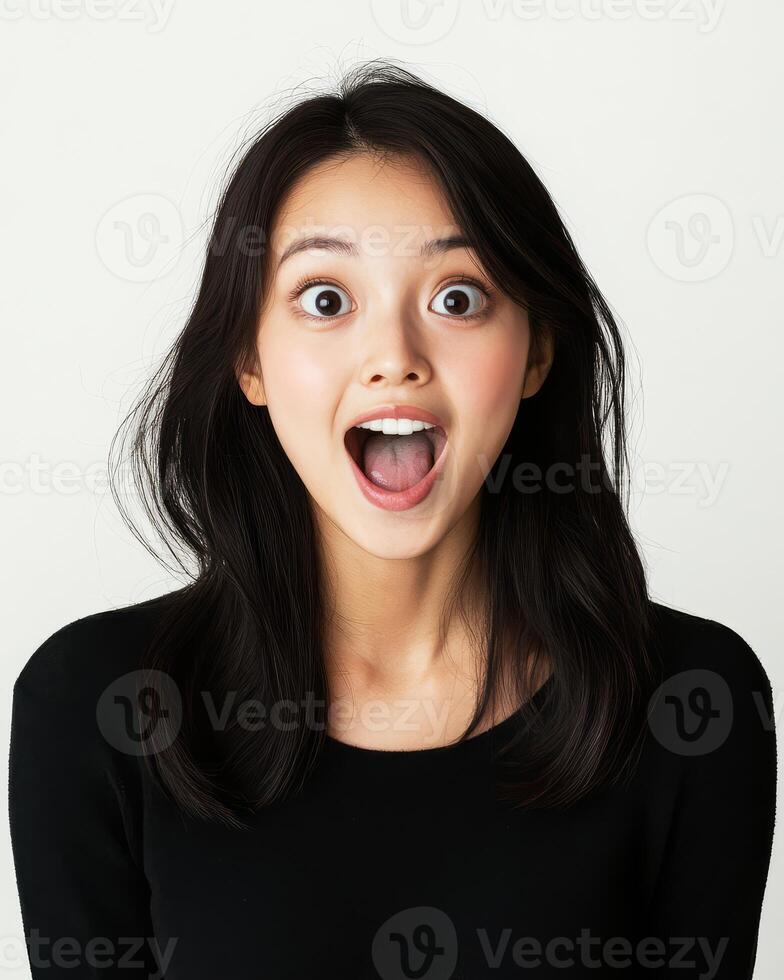 A young woman shows excitement with wide eyes and a bright smile photo