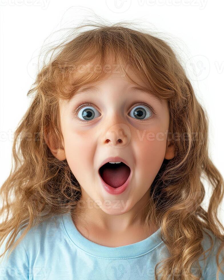 A child beams with excitement, mouth open in joyful amazement photo