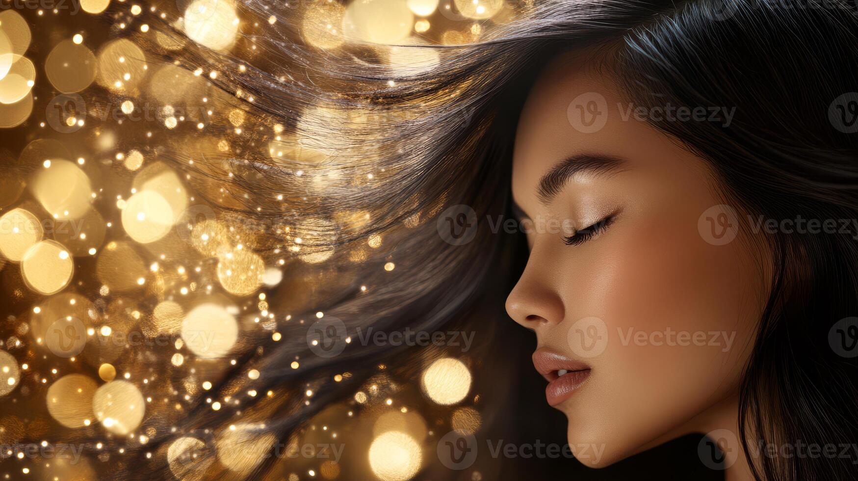 A mid-age woman enjoys a tranquil moment with flowing hair against shimmering lights photo