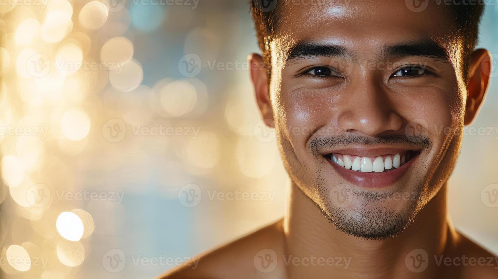 A confident young man exudes charm with a warm smile against soft lights photo