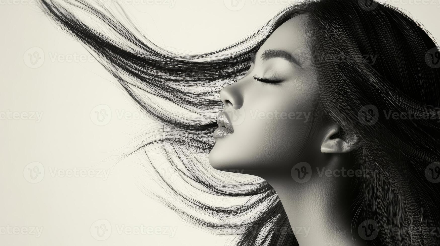 The woman exudes elegance as her hair cascades gently in the breeze photo