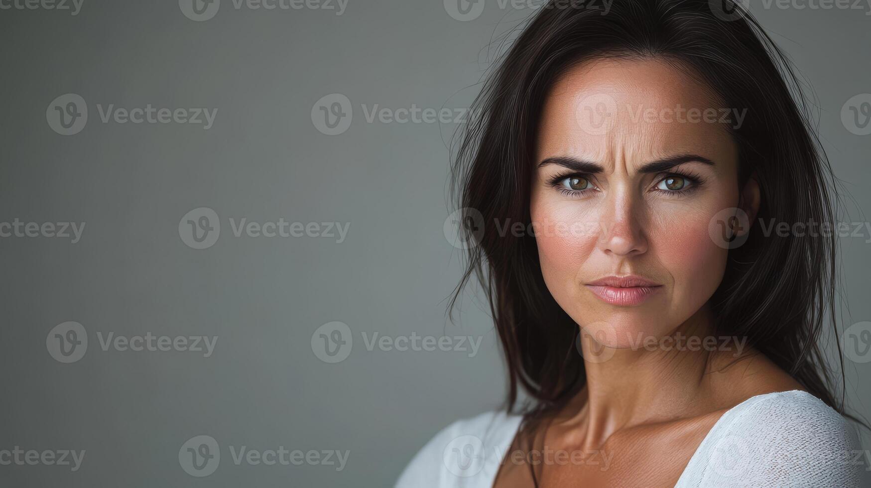 The model displays a powerful expression while gazing directly at the viewer photo