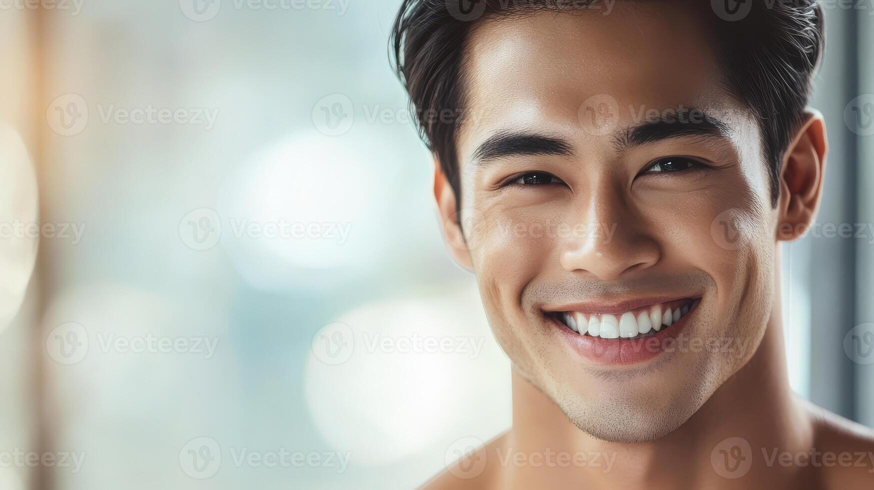 A handsome Thai male model beams with a charming smile and striking features photo