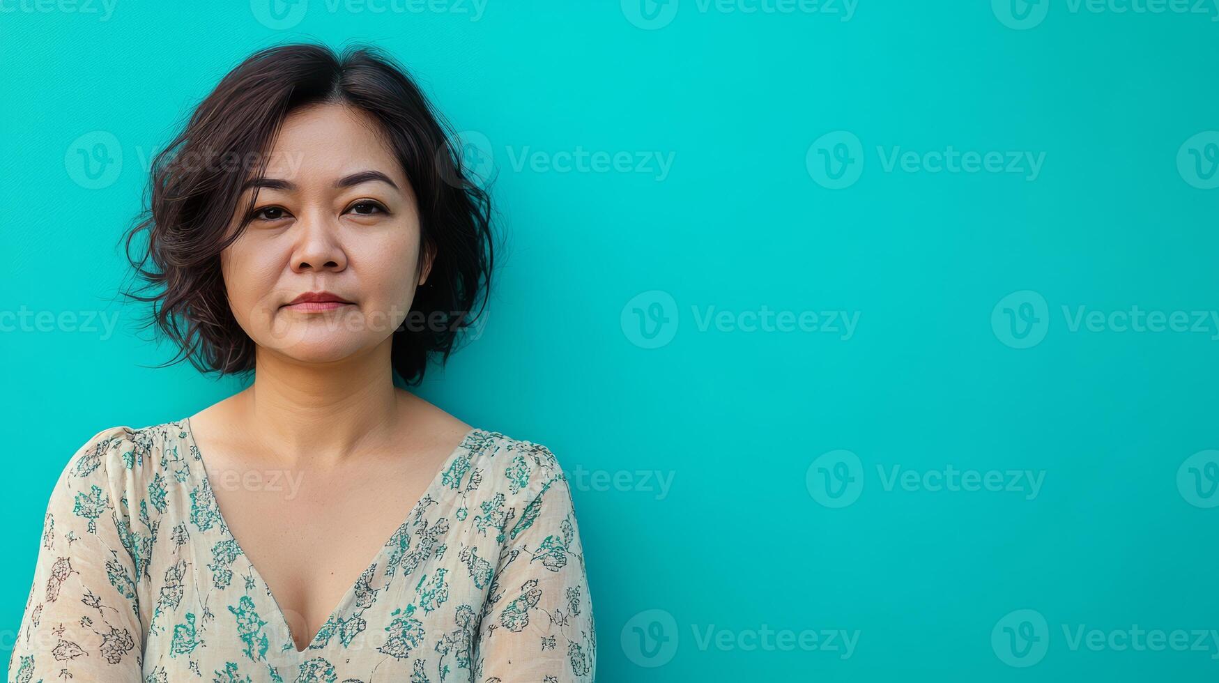 A mid-aged female model expresses sadness with a contemplative gaze photo