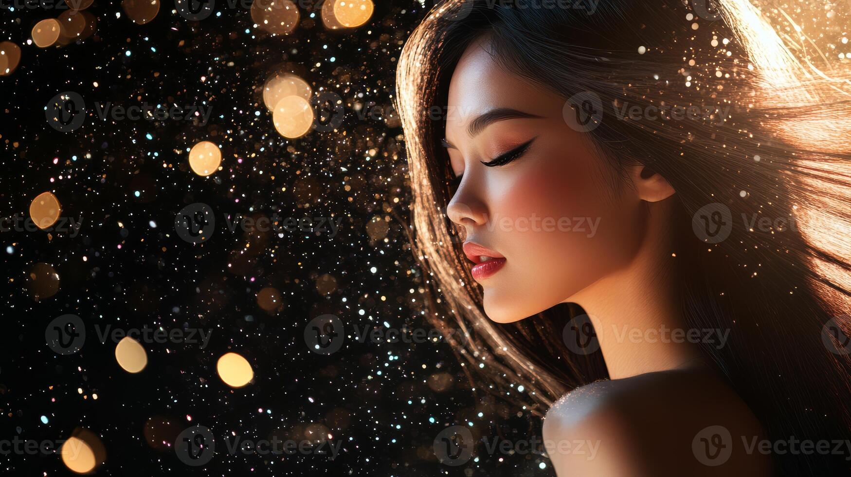 A serene moment of beauty with flowing hair amidst sparkling lights photo
