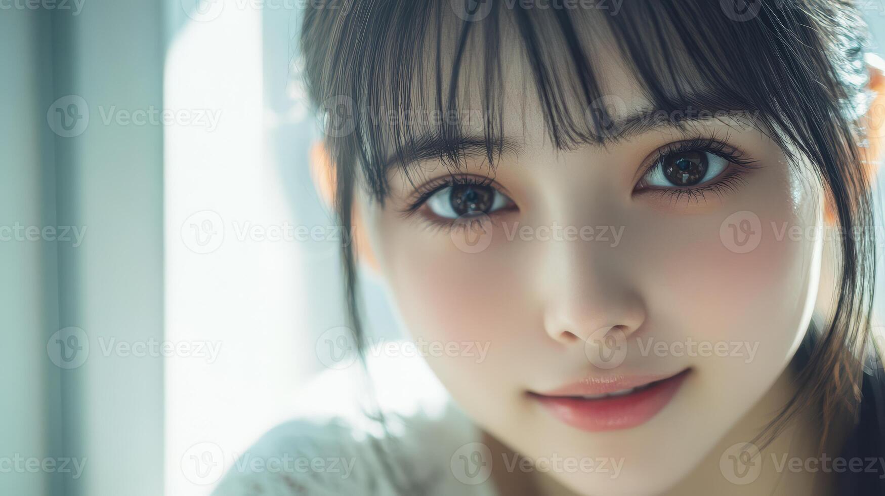A young model gazes warmly, radiating youthful charm and grace photo