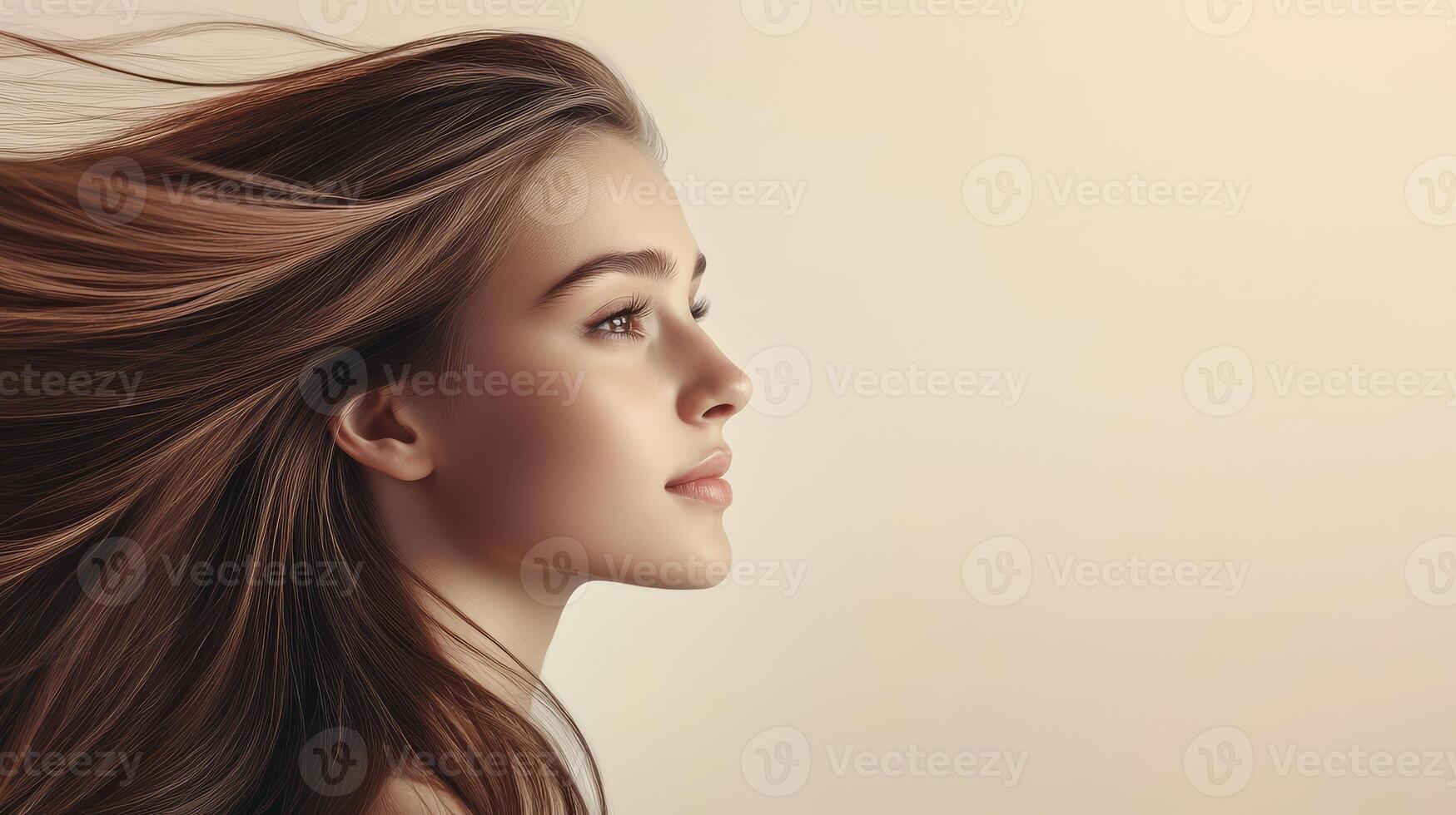 A teenager models gracefully with flowing hair against a gentle background photo