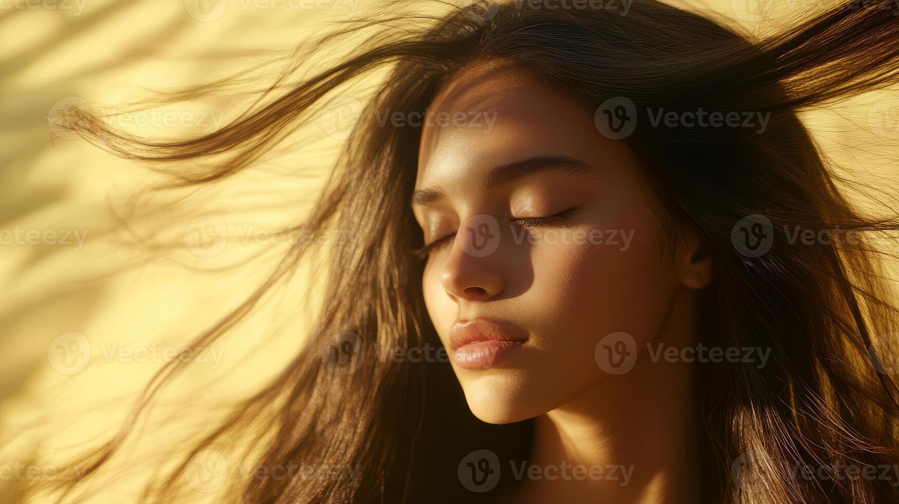 Golden sunlight bathes a teenager's face as her hair flows gently in the breeze photo