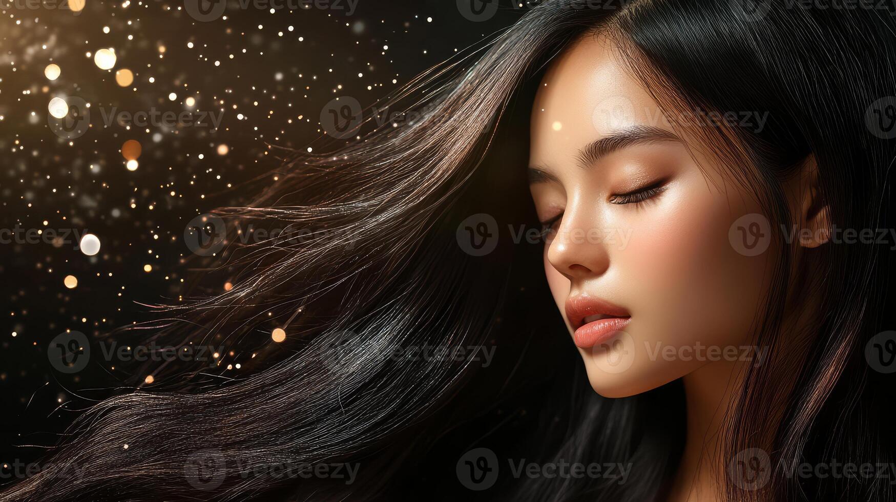 A stunning model exudes elegance with flowing hair in a dreamy atmosphere photo