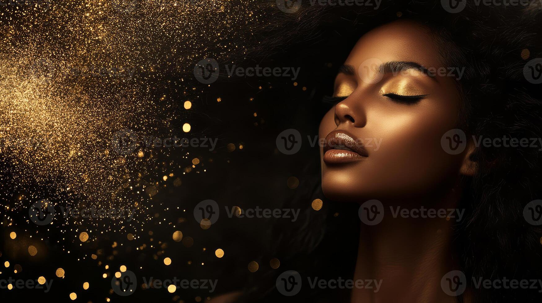 Elegant model exudes confidence with golden accents and sparkling effects surrounding her photo