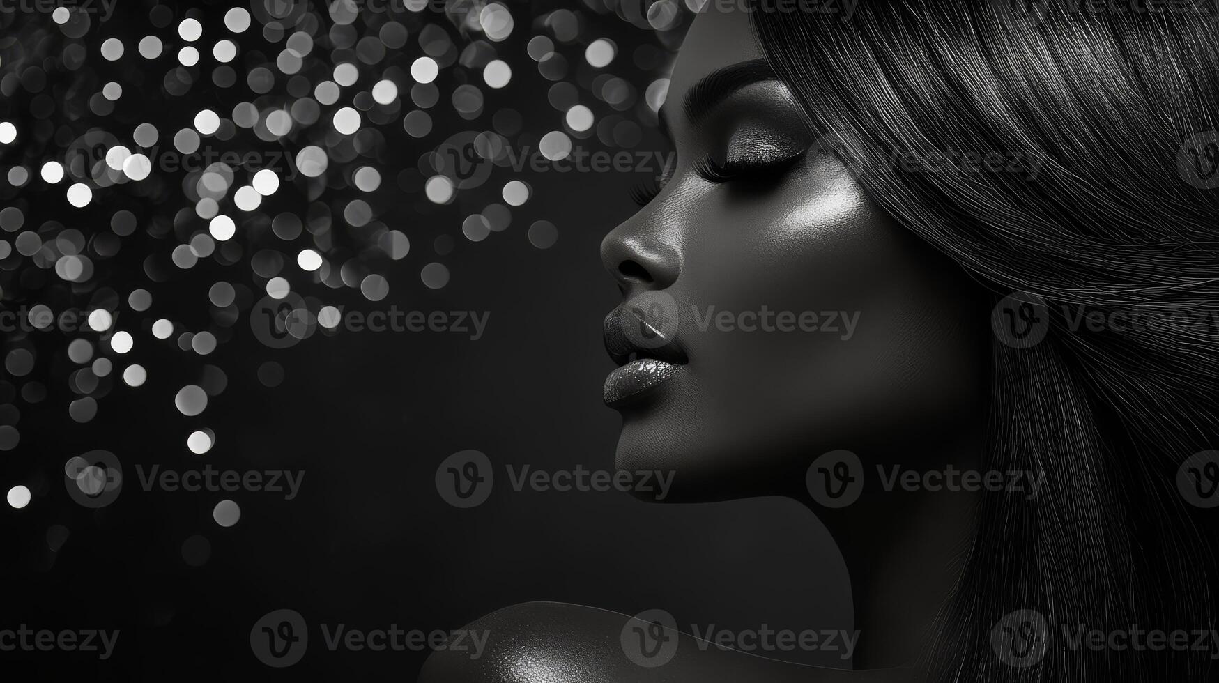 An elegant model showcases her smooth hair and striking features against bokeh photo