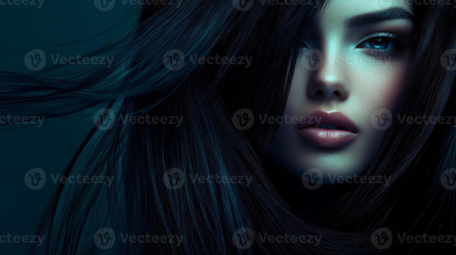 The model's smooth hair flows elegantly, enhancing the atmosphere of glamor photo