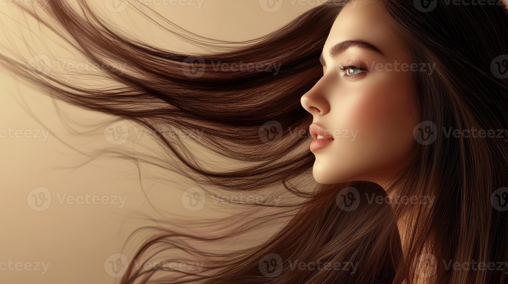 A high-end model elegantly poses with her hair cascading in the soft light photo