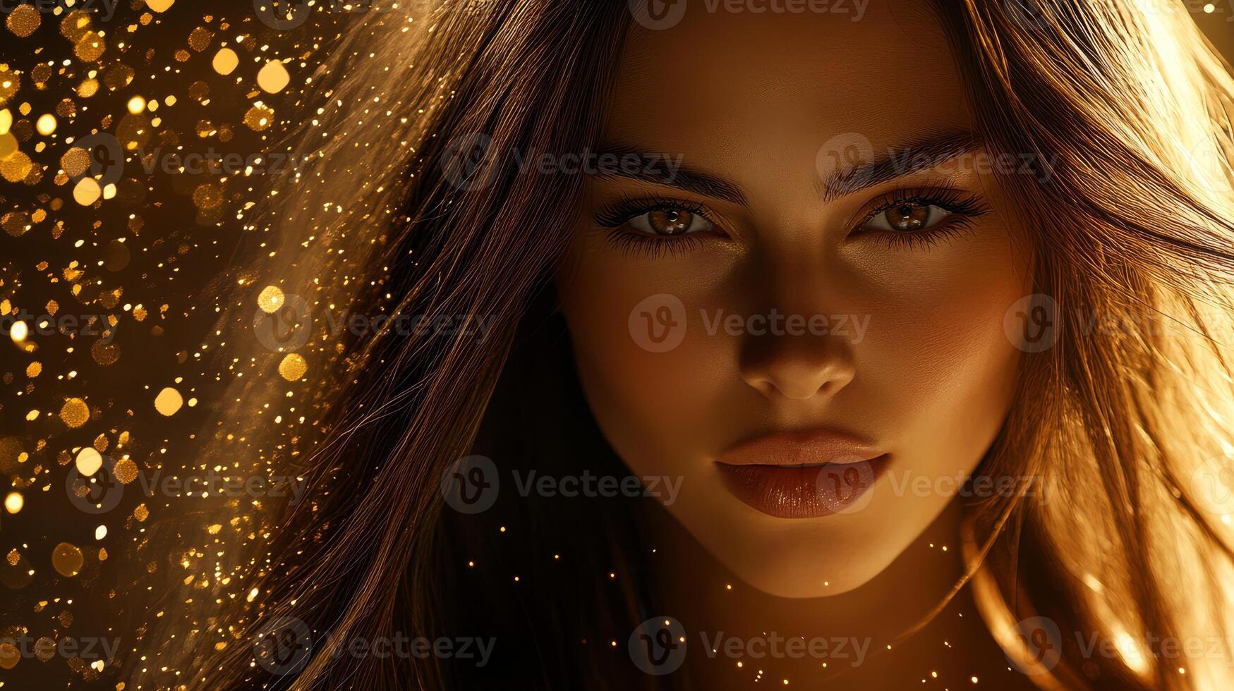A stunning model radiates beauty with sparkling particles in the background photo