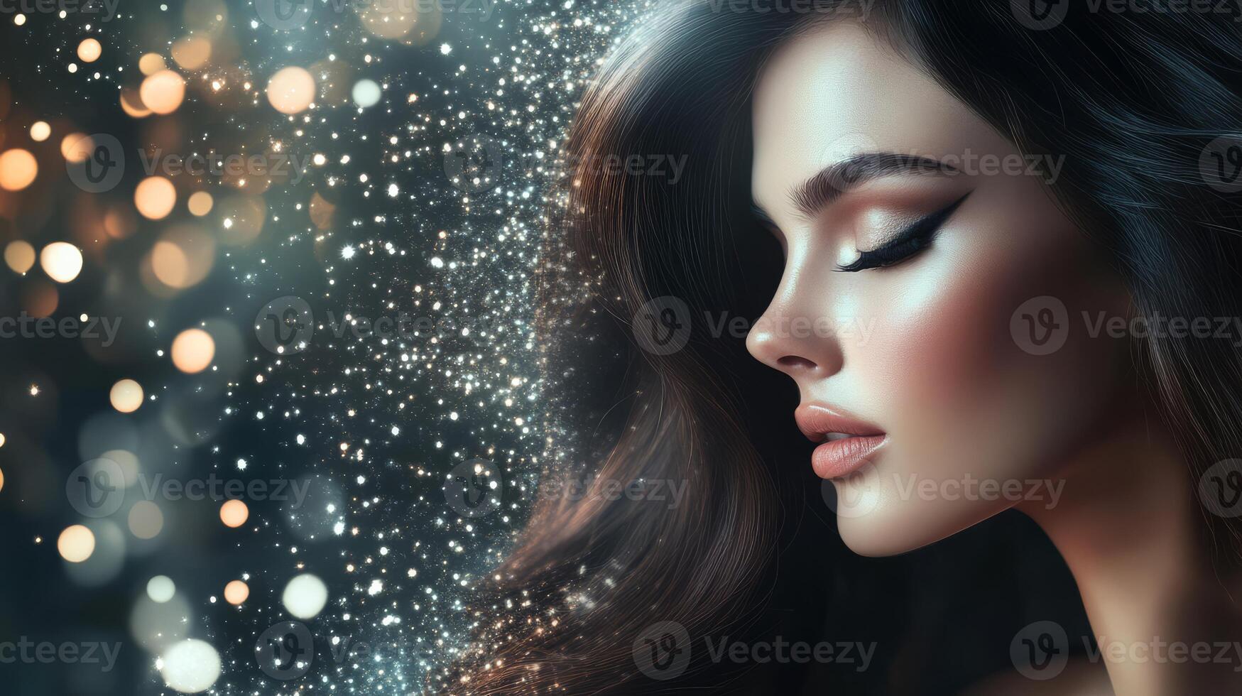 The model poses gracefully, radiating elegance amidst shimmering lights photo
