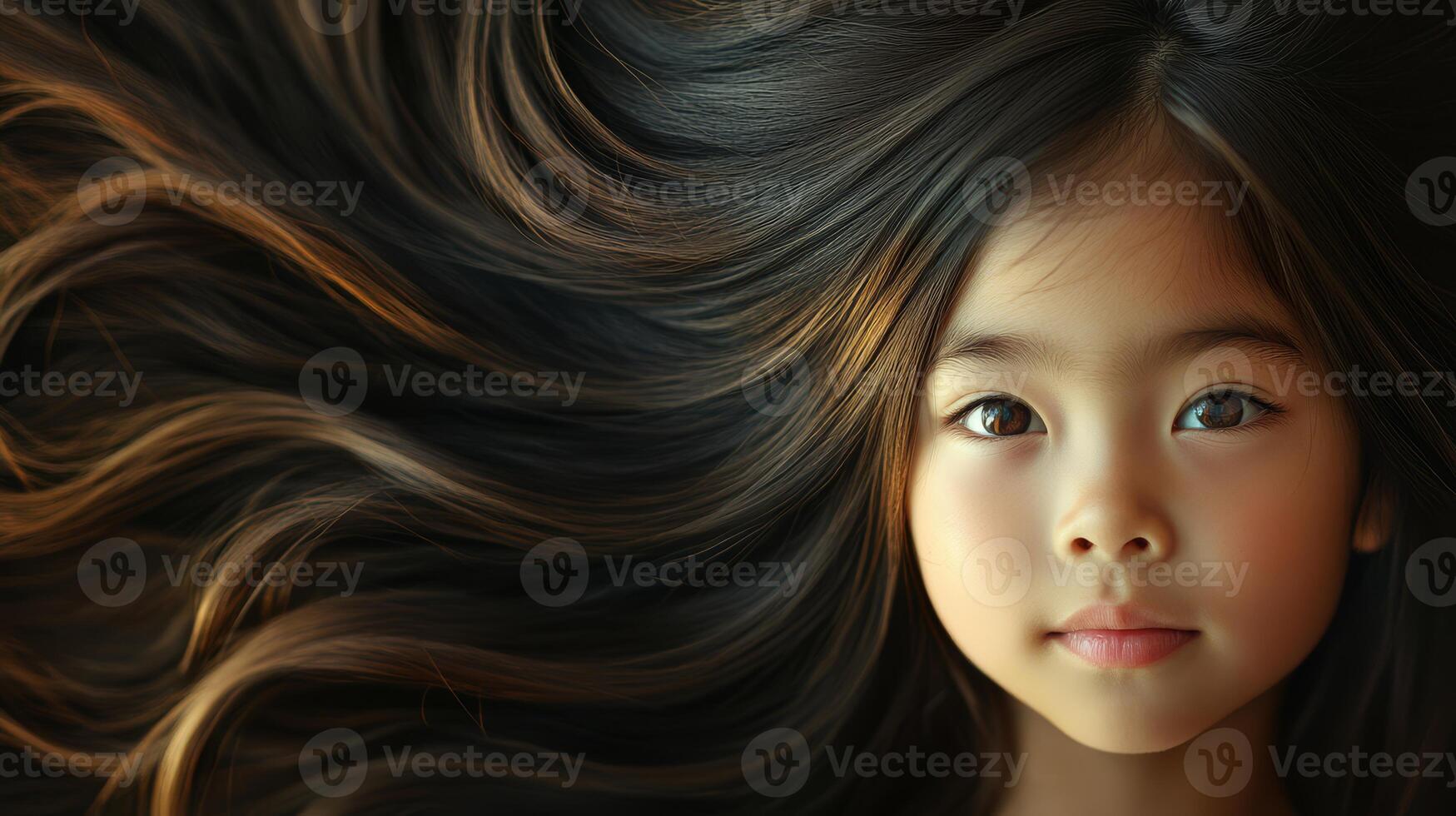 The girl gazes gently, her long hair cascading around her with grace photo