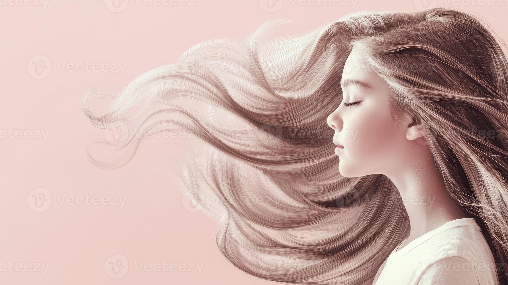 A young girl with long flowing hair enjoys a tranquil moment in soft colors photo