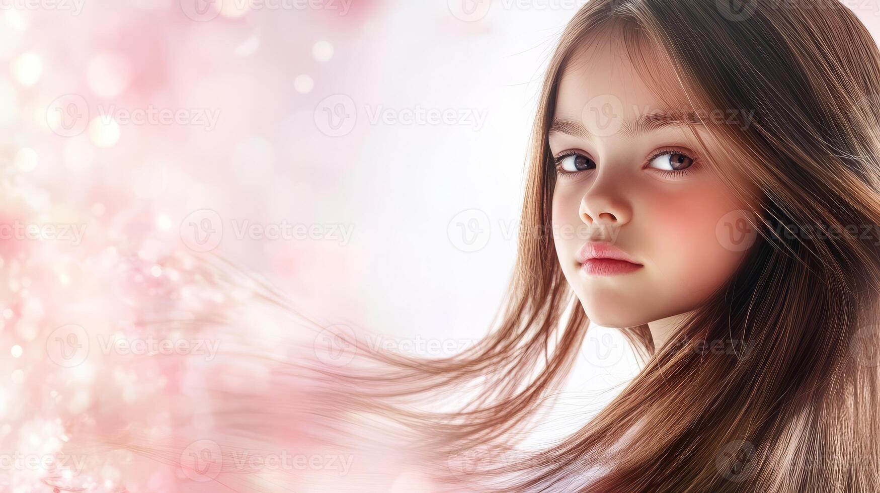 A little girl with smooth hair gazes gently, capturing pure innocence and beauty photo