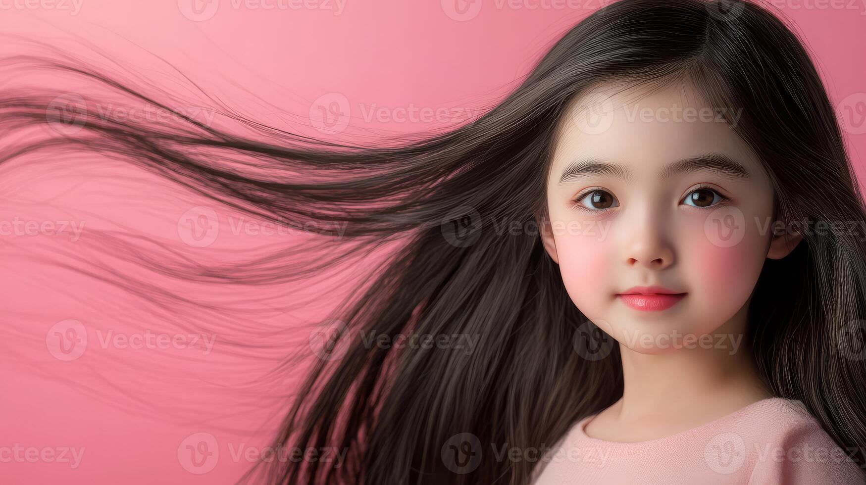 A joyful little girl with long hair smiles brightly, embodying innocence and joy photo