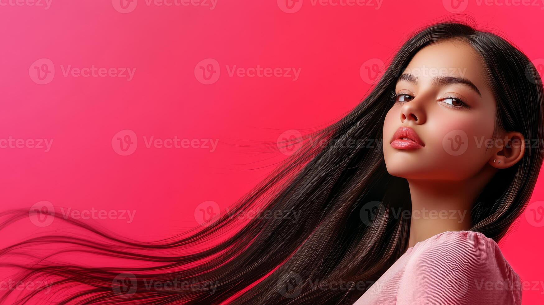 A young girl with smooth hair stands proudly in a bright setting photo