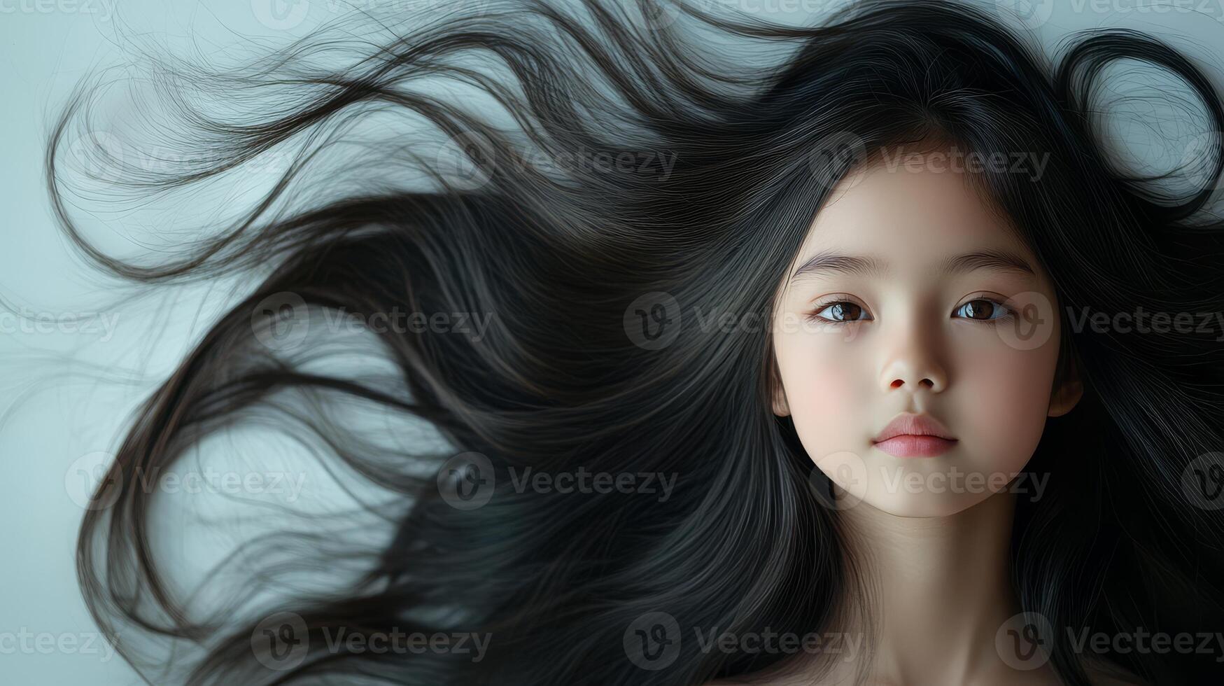 A young girl gazes gently, her long hair cascading around her photo