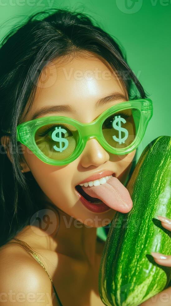 A young woman poses with a cucumber and playful sunglasses, exuding fun vibes photo