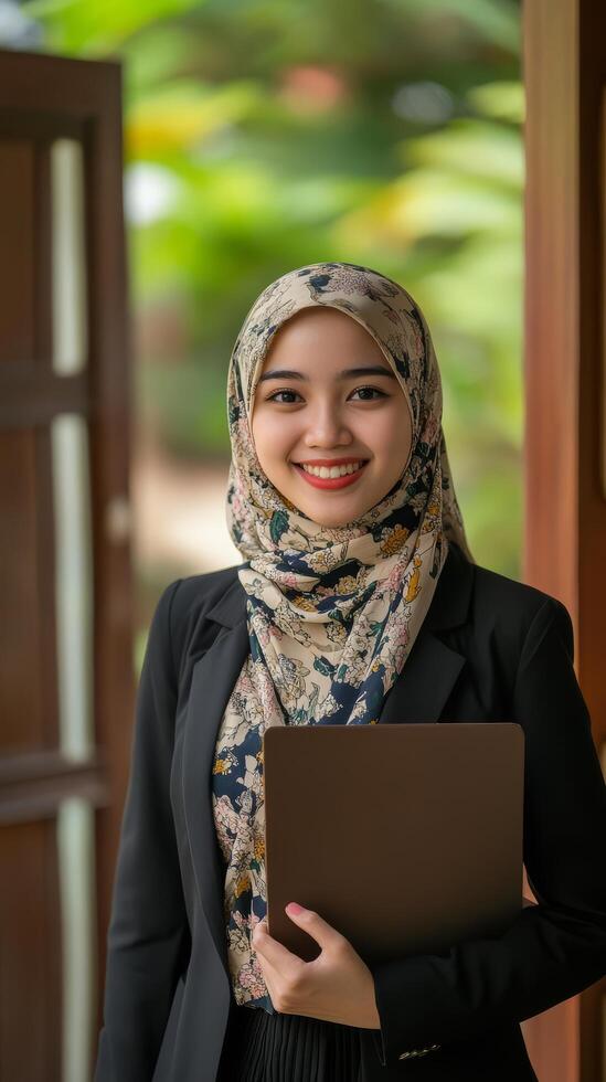 A smiling woman holds a folder while standing by an open doorway photo