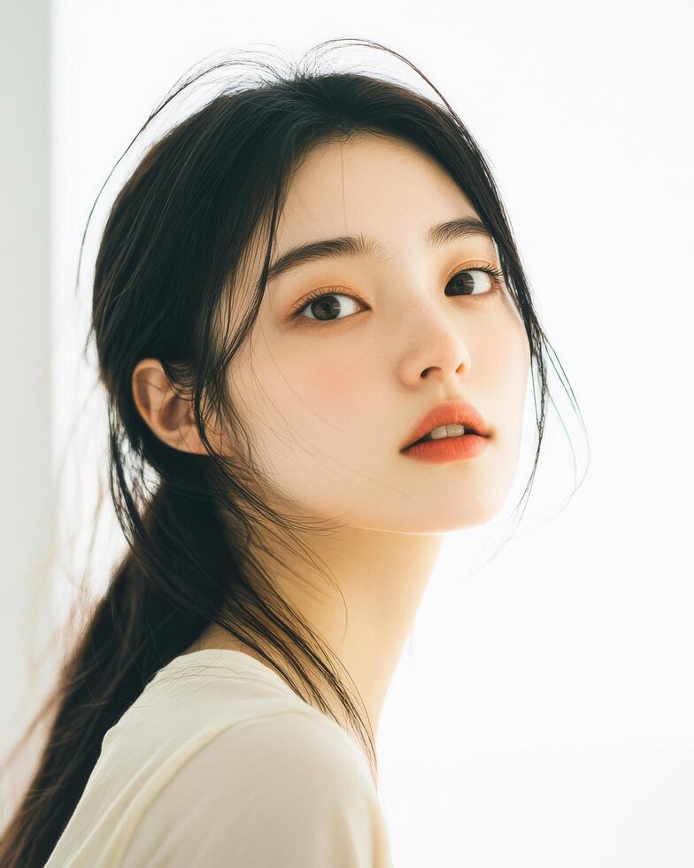 A young woman gazes thoughtfully while illuminated by gentle light photo