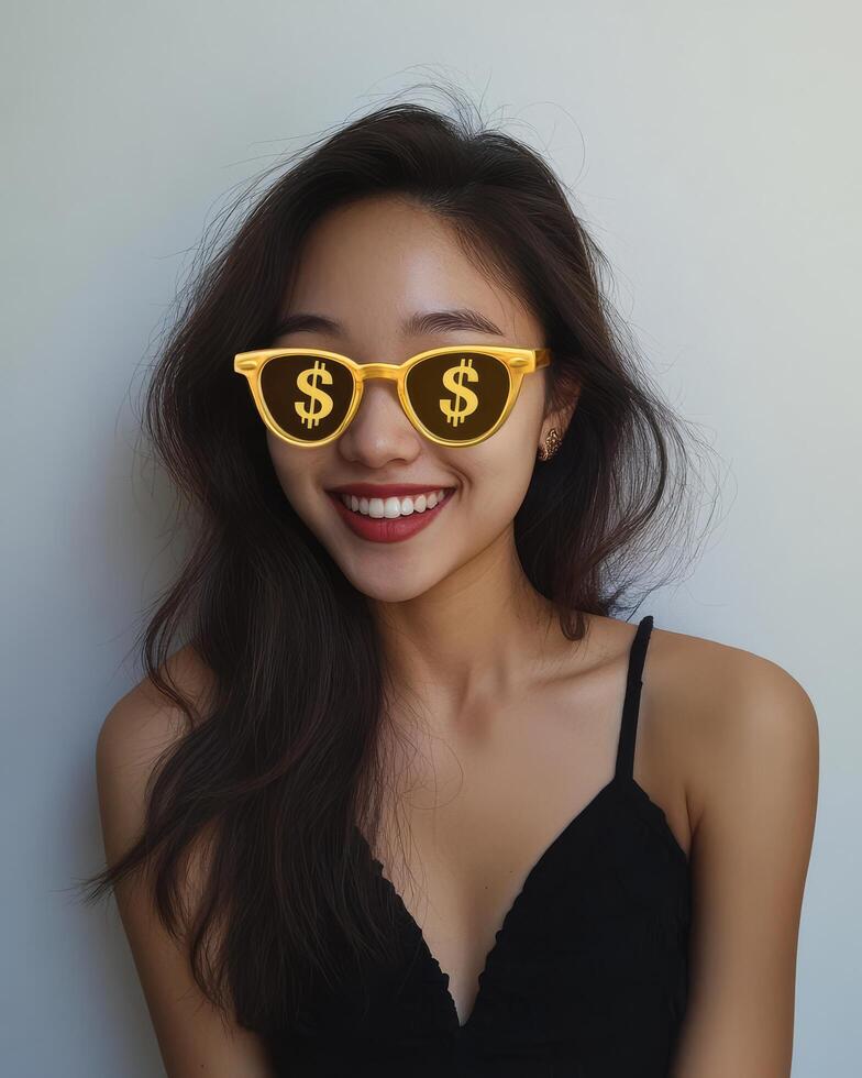 A cheerful woman poses with bright sunglasses, showcasing her playful spirit photo