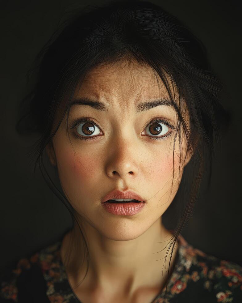A young woman expresses shock and wonder in low light photo