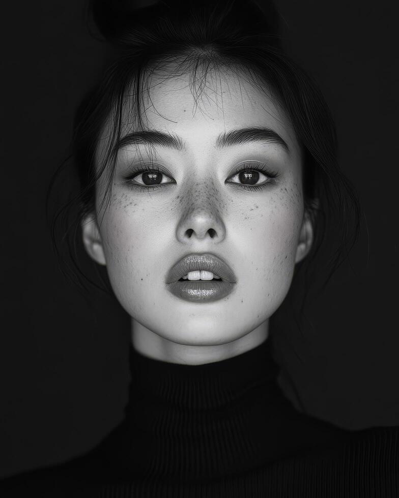 A striking close-up of a model showcasing natural beauty and freckles photo