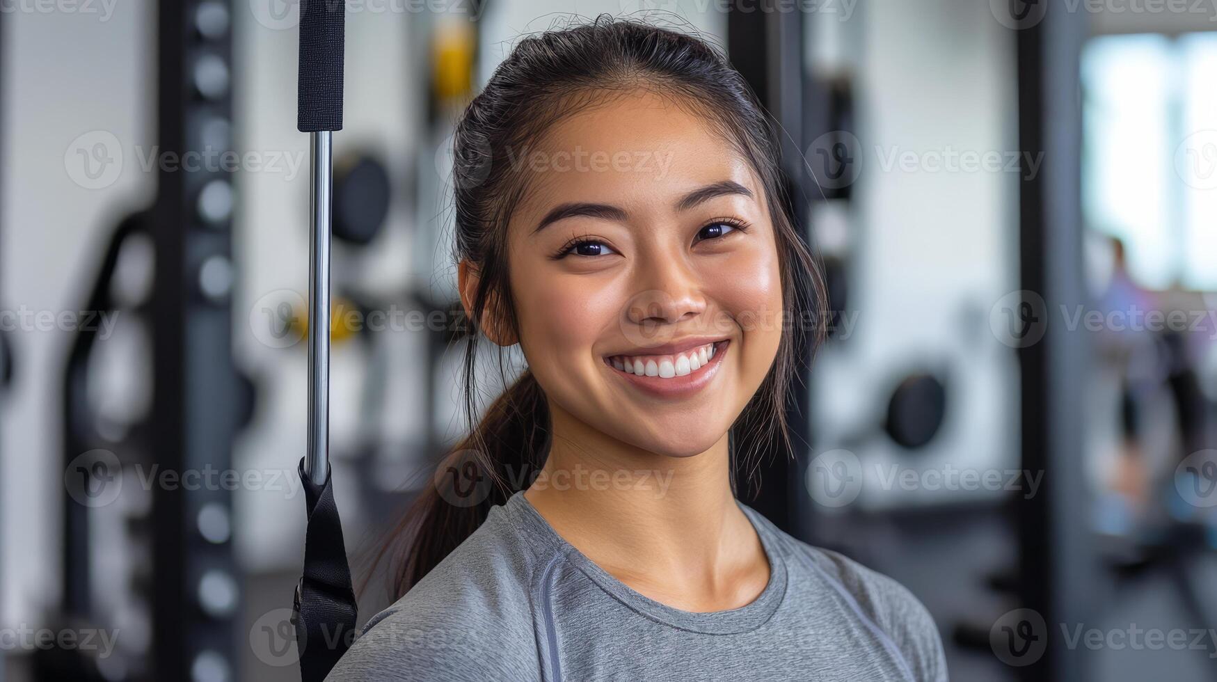 A joyful fitness enthusiast enjoys her workout in a vibrant gym photo
