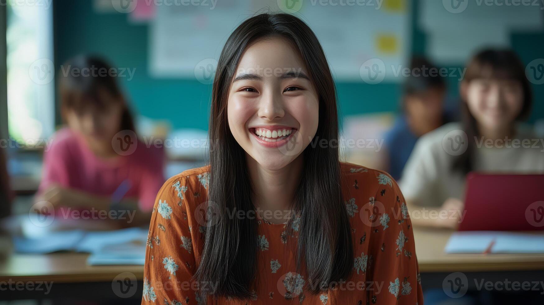 A joyful student radiates positivity while engaged in classroom activities photo