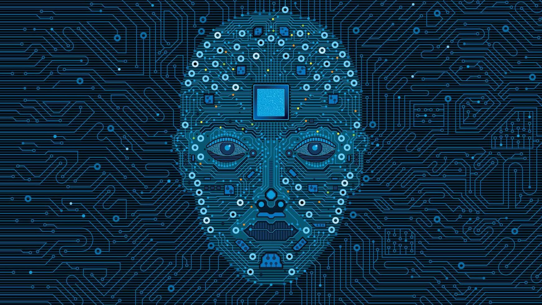 Artificial intelligence concept. Human face made of circuits with a microchip in the forehead and blue lights vector